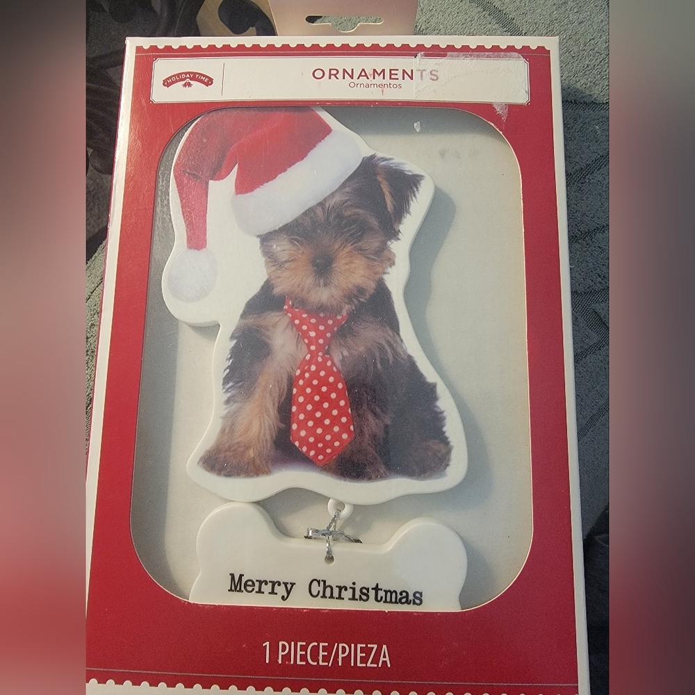Christmas Yorkie Dog Ornament with Santa Hat and Red Tie
